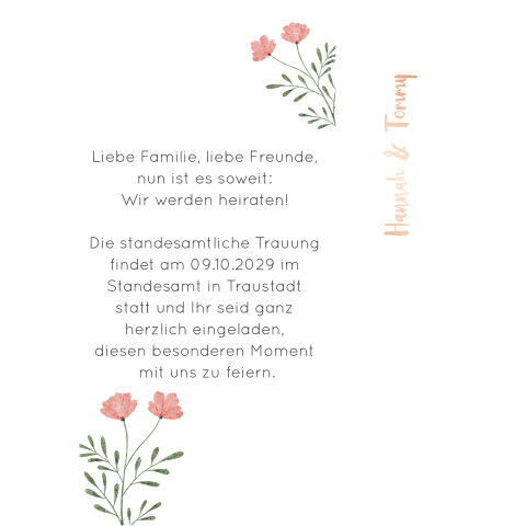Zweiteilige standesamtliche Einladung mit rosa Blumen + Roségoldfolie