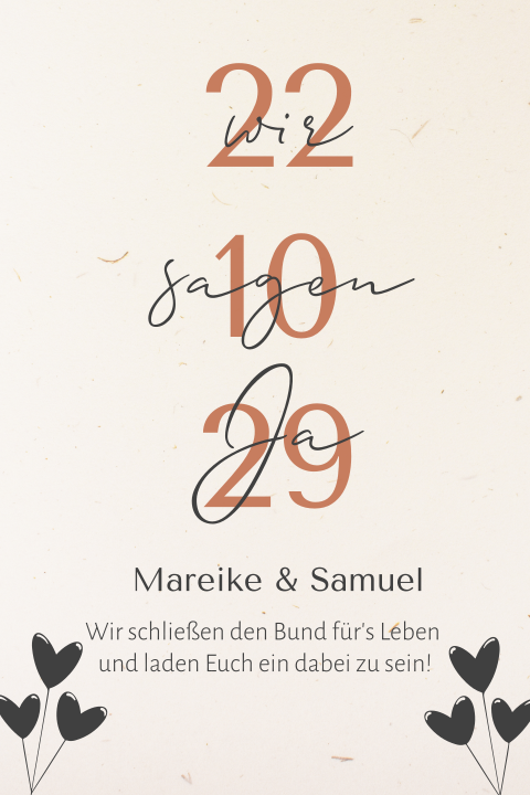 Standesamt Einladung aus Recyclingpapier mit Herzballons und Datum
