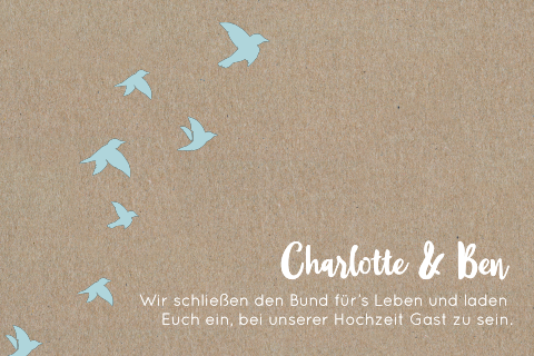 Einladungskarte fürs Standesamt aus Kraftpapier mit blauen Schwalben