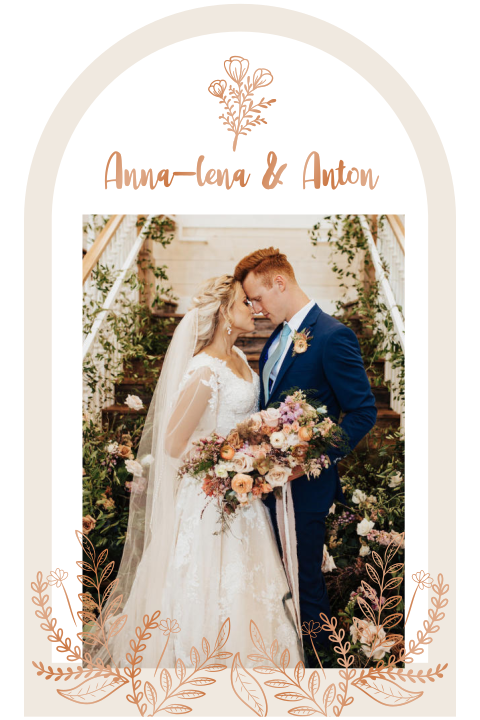 Boho Dankeskarte zur Hochzeit in Bogenform mit Blumen in hochglanzveredeltem Kupfer