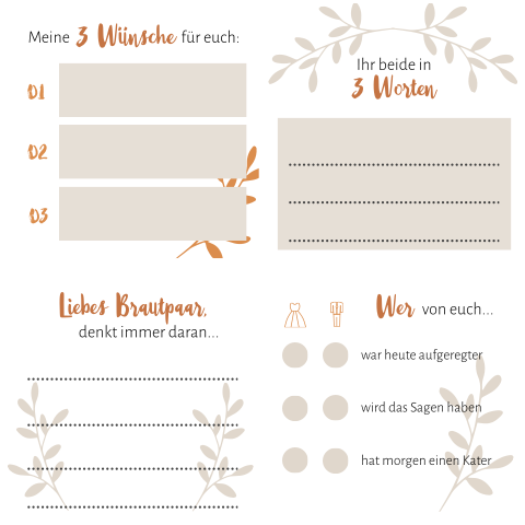 Boho Gästebuchkarten im 4er-Set mit Zweigen in Beige und Kupfer