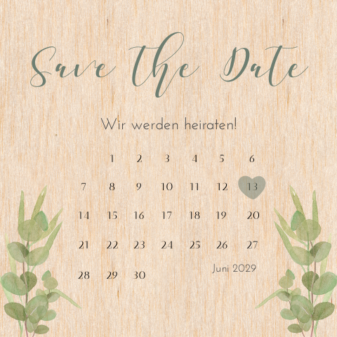Greenery Save the Date Karte aus Holz mit Eukalyptus Zweigen in grün