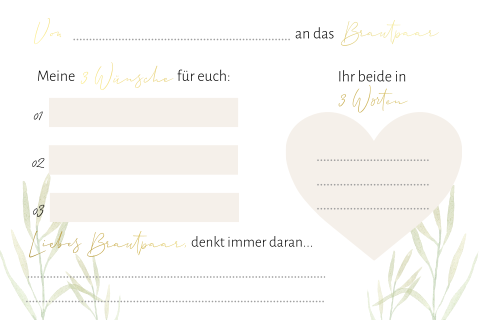 Moderne Greenery Gästebuchkarte mit Akzenten in beige und Goldfolie