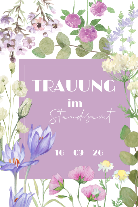 Standesamtliche Einladung mit bunten Blumen und Rahmen in lila