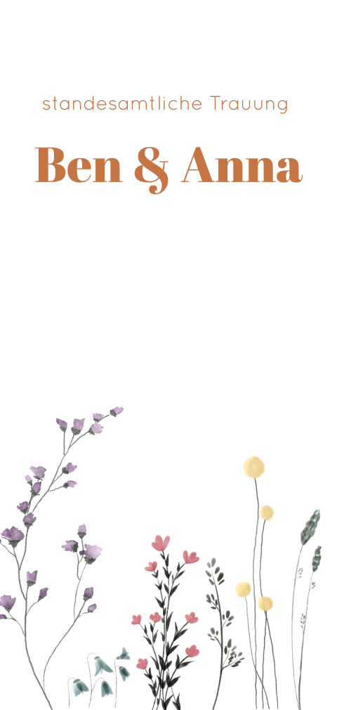 Einladungskarte zur standesamtlichen Trauung mit bunter Blumenwiese