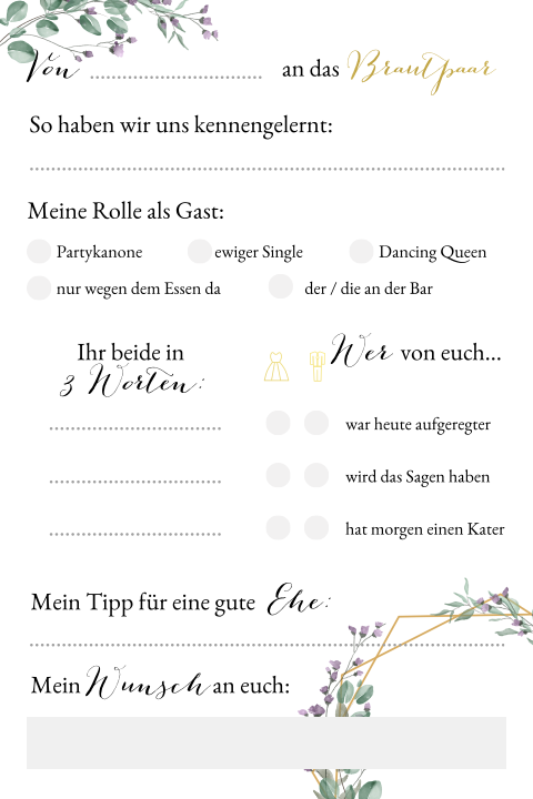 Moderne Gästebuchkarte mit Greenery Zweigen und filigranem Goldrahmen