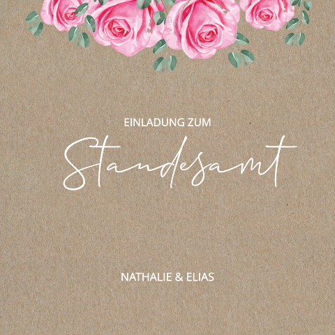 Einladung für die Trauung im Standesamt aus Kraftpapier mit rosa Rosen