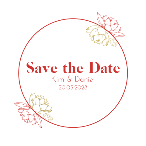 Runde Save the Date Karte mit roten und goldenen Lotusblüten