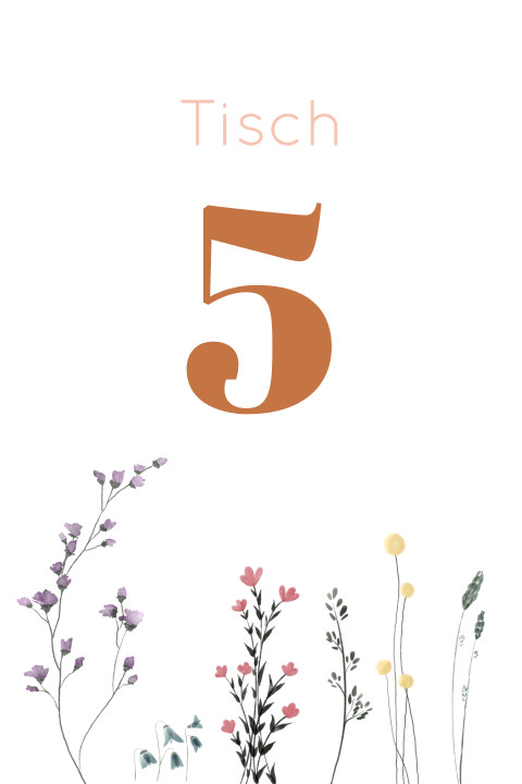 Tischnummer für die Hochzeit in weiß mit Blumenwiese und kupferfarbenen Nummern