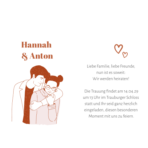 Zweiteilige Hochzeitseinladung in weiß mit Pärchen und Herzen in rot