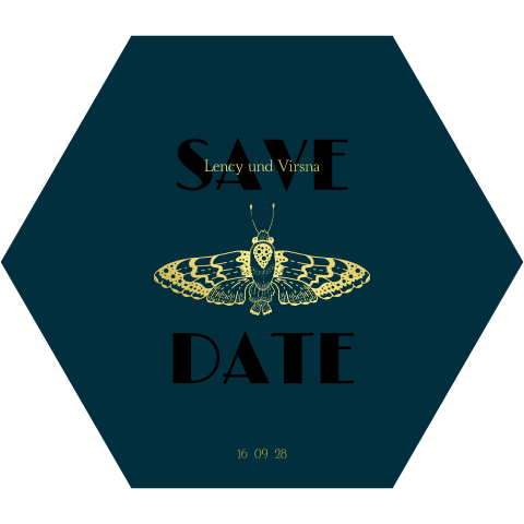 Elegante Save the Date Karte in blau mit Motte in Goldfolie und Linien