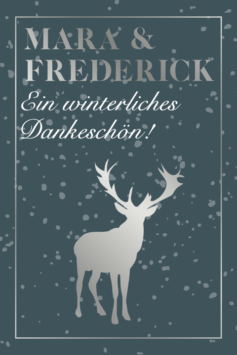 Winterliche Dankeskarte zur Hochzeit mit Schnee und Hirsch in Silber