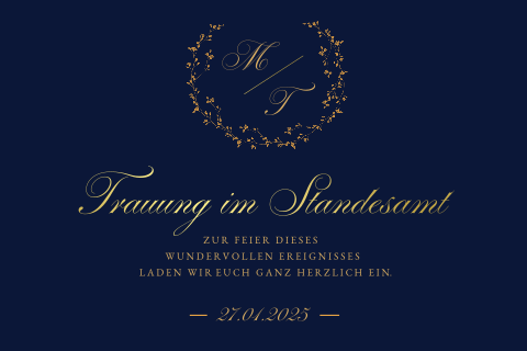 Edle Einladung für die Trauung im Standesamt in blau mit Goldfolie