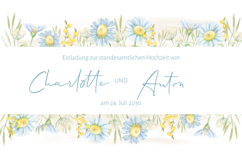 Standesamtliche weiße Einladung mit Aquarell und blauen, gelben Blumen
