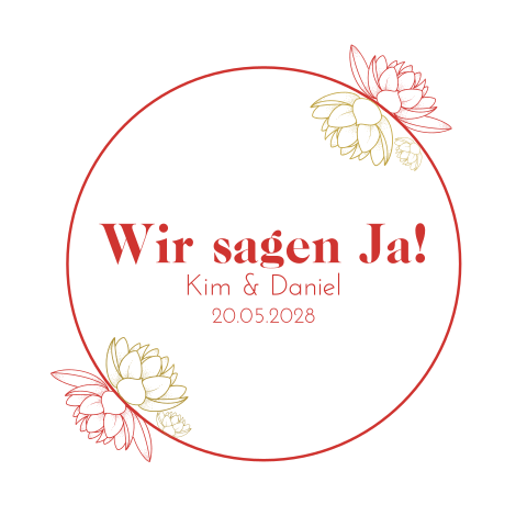Runde weiße Hochzeitseinladung mit Lotusblüten in rot und gold