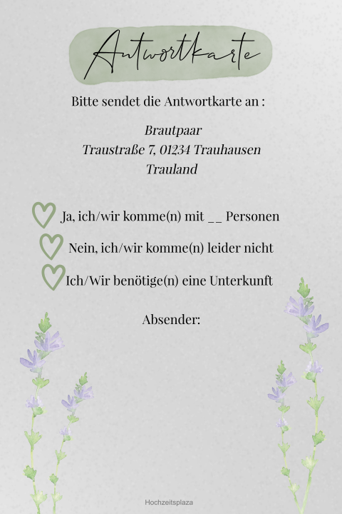 Transparente Antwortkarte zur Hochzeit mit grünen Herzen und Blumen