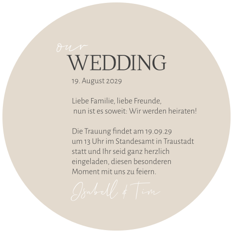 Schlichte rund gestanzte Einladung für das Standesamt in beige