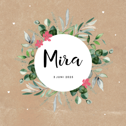 Hip geboortekaartje met bloemen cirkel op kraft look