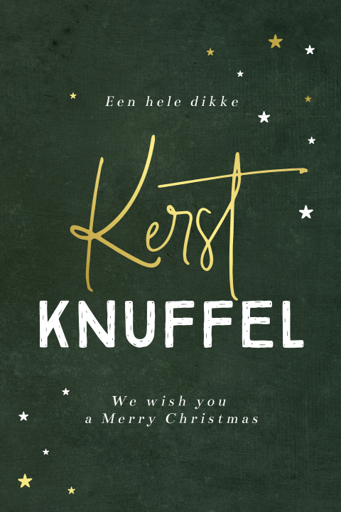 Goudfolie kerstknuffel kaart met sterretjes op donkergroen