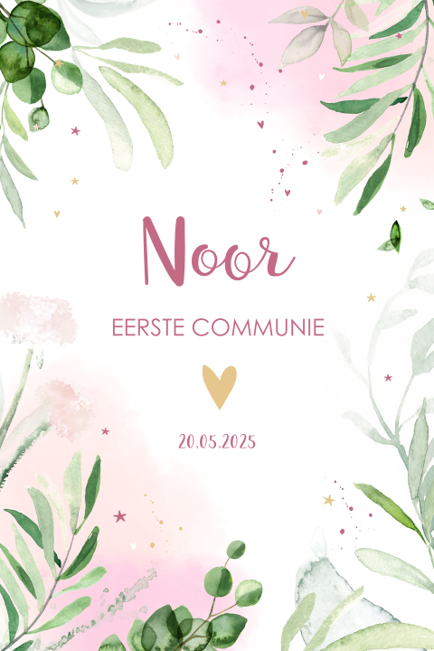 Communiekaartje voor een meisje met takjes en een roze achtergrond