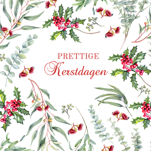 Kerstkaartje met eucalyptus takjes en rode besjes