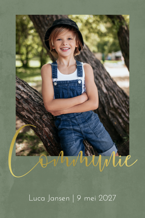 Communiekaart met foto en goudfolie op groene, velvetlook achtergrond