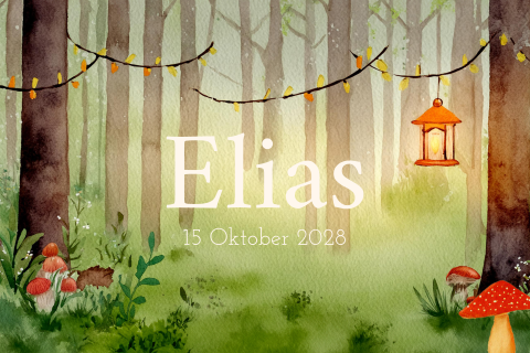 Geboortekaartje in herfst thema met slingers in het bos
