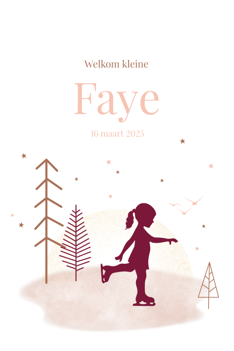 Winters geboortekaartje met silhouetje van schaatsend meisje