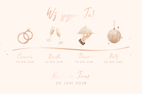Leuke trouwkaart met mooie illustraties en roségoudfolie