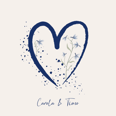 Trouwkaart met hart en getekende blauwe bloemen