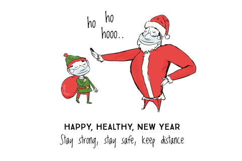 Liggende kerstkaart met illustratie van een kerstman met een masker