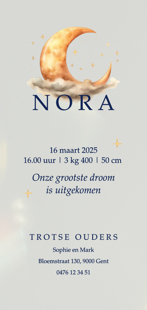 Bijzonder geboortekaartje van acrylglas met een halve maan