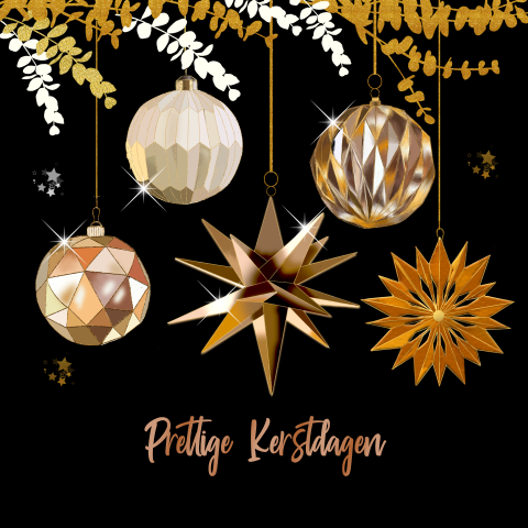 Kerstkaart met ornamenten en tekst in hoogglans