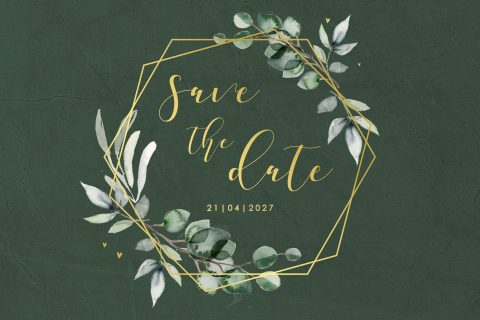 Stijlvolle save the date kaart met goudfolie hexagon en takjes