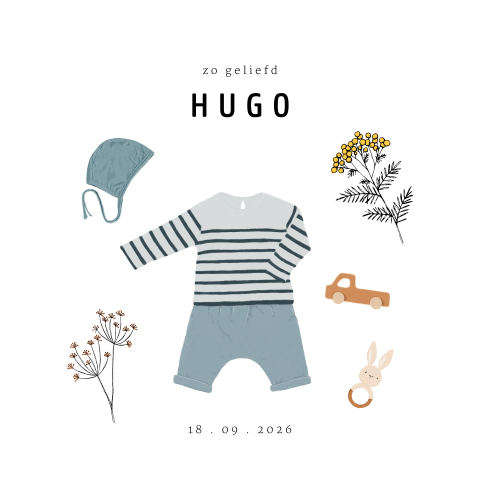 Geboortekaartje met kleding, bloemen en babyspeelgoed