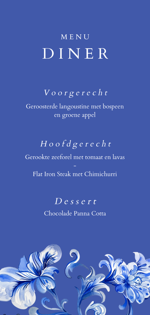 Menukaart in Delfts blauw met bloemen details