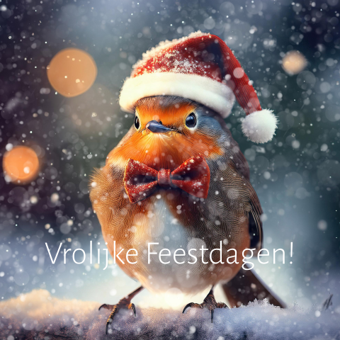 Roodborstje met kerstmuts en strik