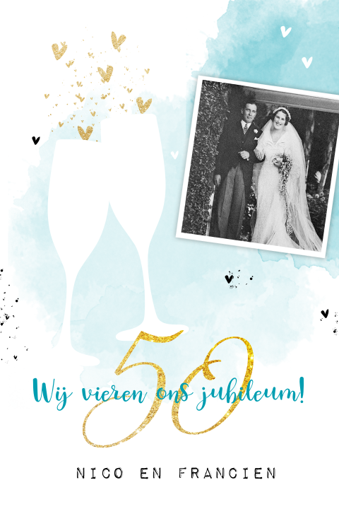 Chique jubileum uitnodiging met foto en champagneglazen