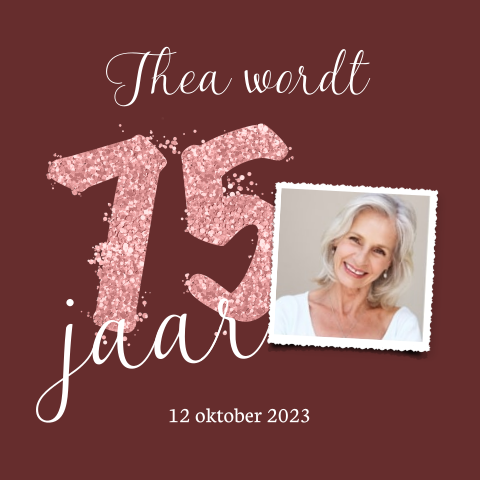 Uitnodiging 75 jaar met glitter cijfer in roségoud