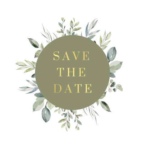 Stijlvolle save the date kaart met groene cirkel en takjes
