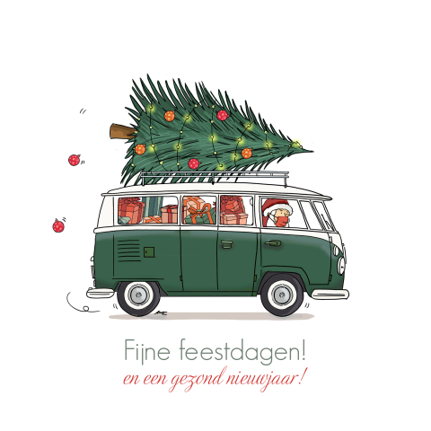 Kerstkaart met getekend busje met kerstboom op het dak