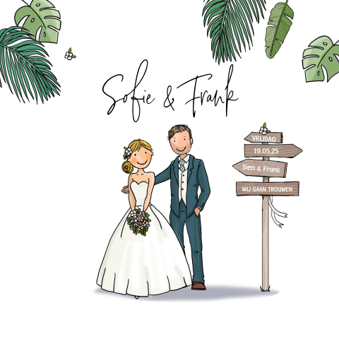 Originele trouwkaart met illustratie bruidspaar en botanische bladeren