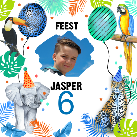 Vrolijke jungle uitnodiging voor 6e verjaardag jongen met foto