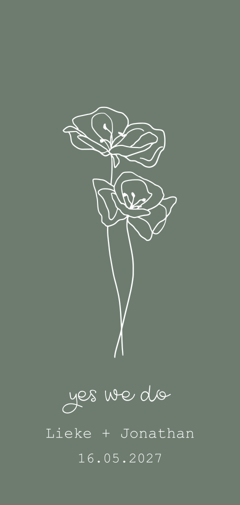 Trouwkaart met bloemen in lijntekening op groene achtergrond