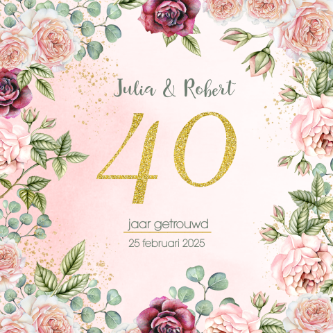 Stijlvolle uitnodiging 40 jarig huwelijk met roze bloemen en foto