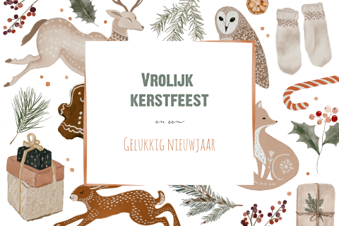 Kerstkaart met getekende winter dieren en kerstelementjes