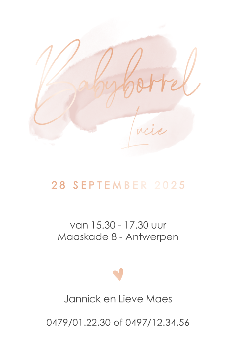 Babyborrel uitnodiging met roze aquarel en roségoudfolie