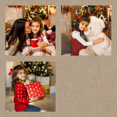 Kerstkaart in kraft-look met drie foto's - dubbel vierkant