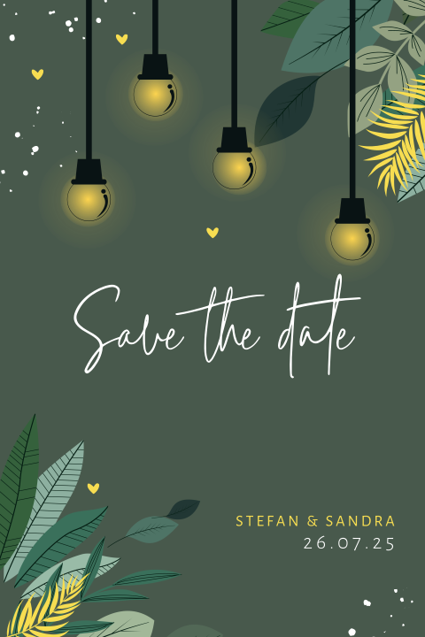 Save the date kaart met takjes en lampjes