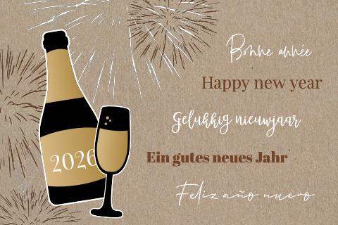 Zakelijke nieuwjaarskaart met champagnefles en vuurwerk